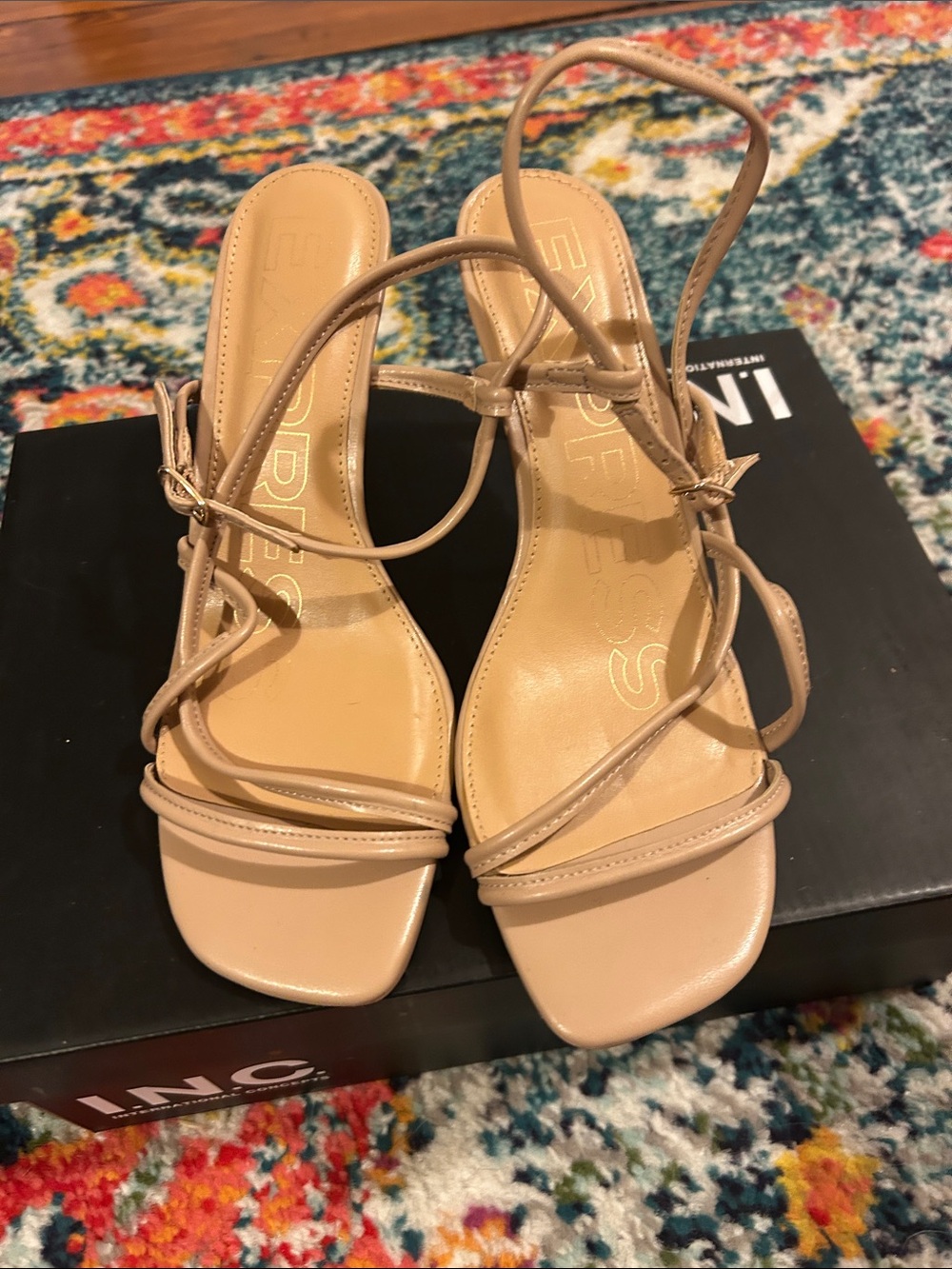 Express Nude Beige Strappy Square-Toe Heeled Sandals